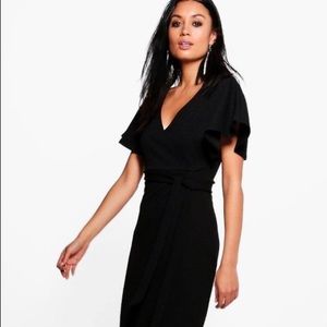Black faux wrap midi dress